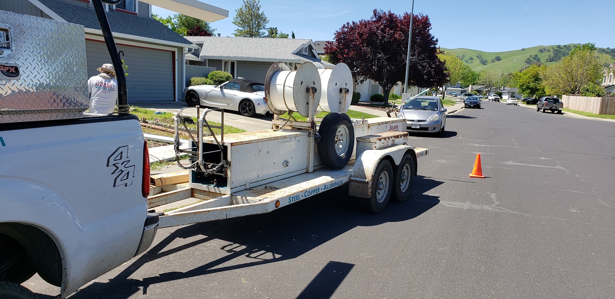 Solano Seamless on-site gutter fabrication trailer with coil stock for steel, copper, and aluminum gutters